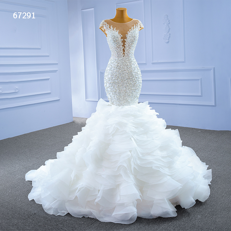 Blossom White luxury mermaid wedding dresses gown 2022  Ivory deep v neck Lace Beaded ruffles bridal  Dress